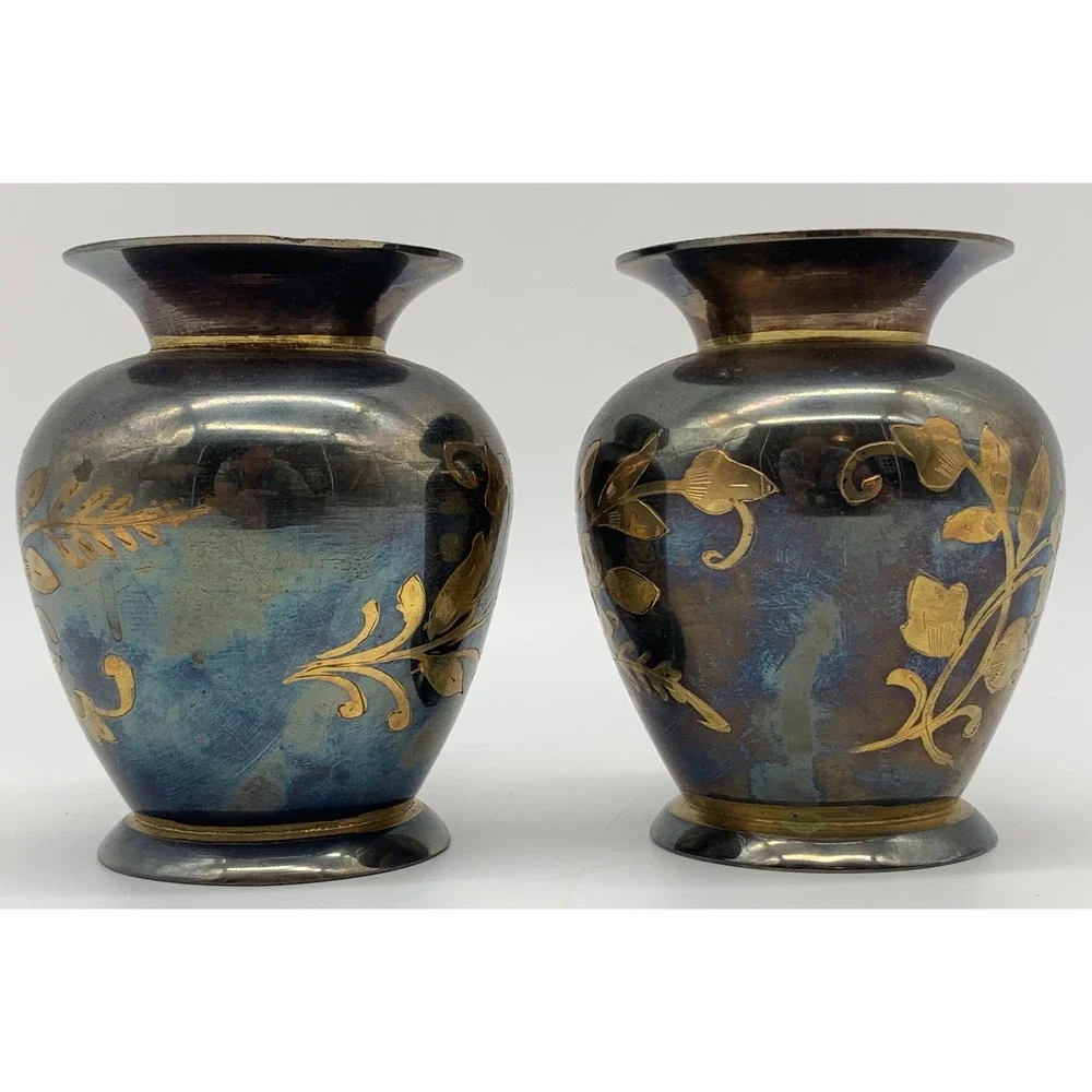 2 Vintage Brass Bud Vases Blue Gold Etched Floral India Small Footed MCM Pair